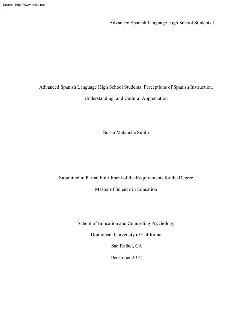 Susan Malanche Smith - Advanced Spanish Language High School Students, Perceptions of Spanish