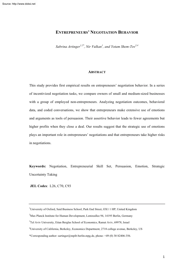 Artinger-Vulkan-Shem - Entrepreneurs Negotiation Behavior