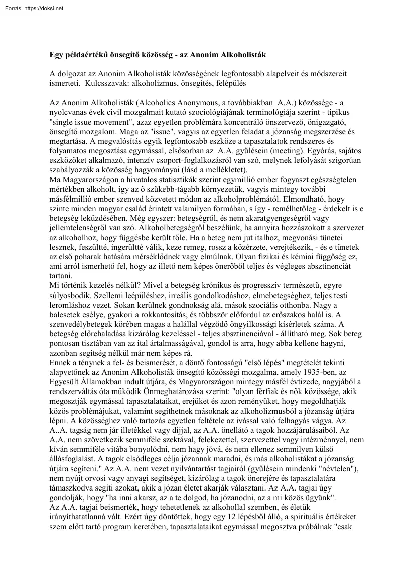 Egy példaértékű önsegítő közösség, az Anonim Alkoholisták