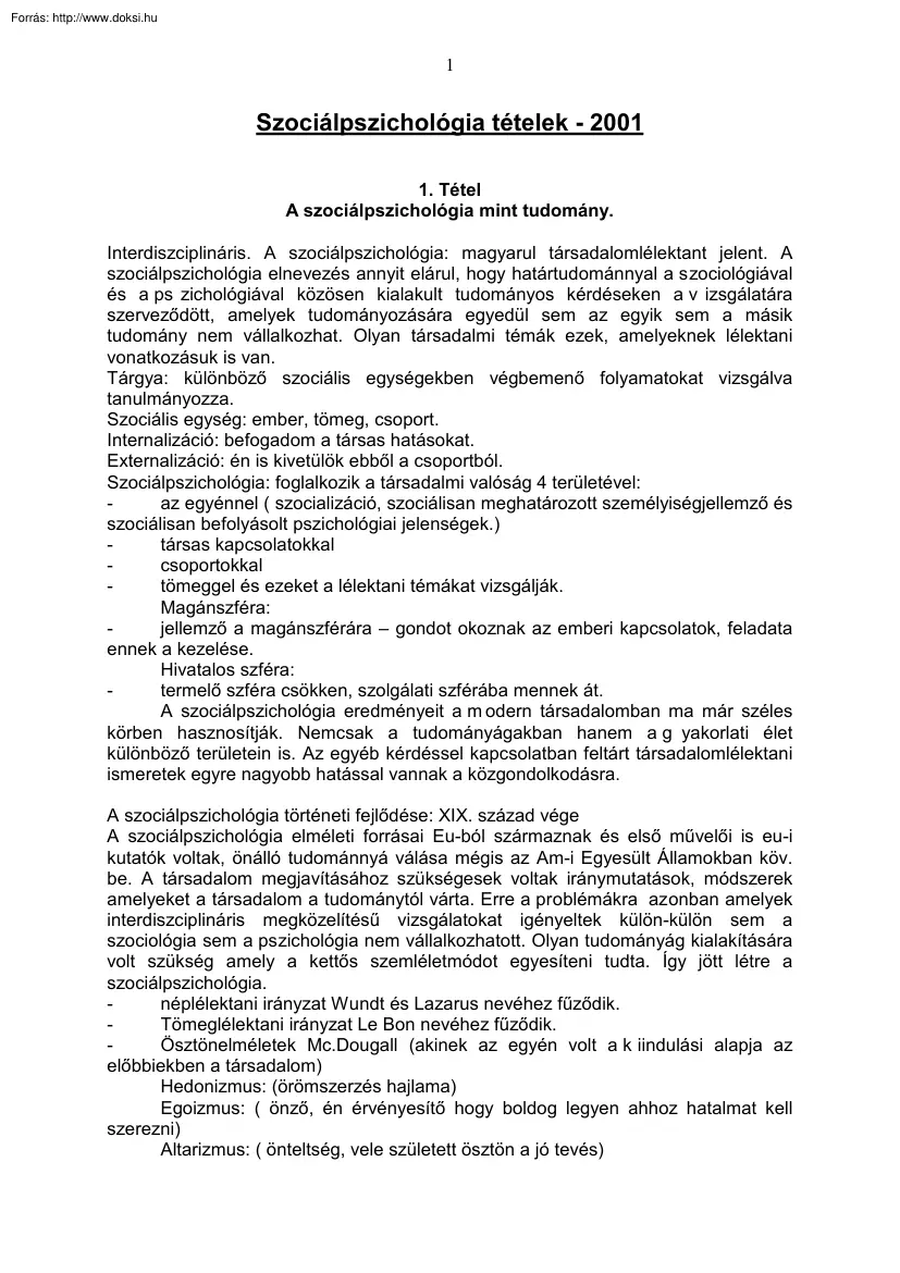 Szociálpszichológia tételek, 2001