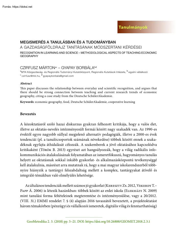 Czirfusz-Gyapay - Megismerés a tanulásban és a tudományban, a gazdaságföldrajz tanításának
