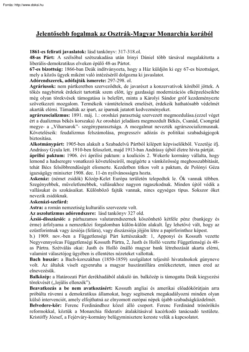 Jelentősebb fogalmak az Osztrák-Magyar Monarchia korából