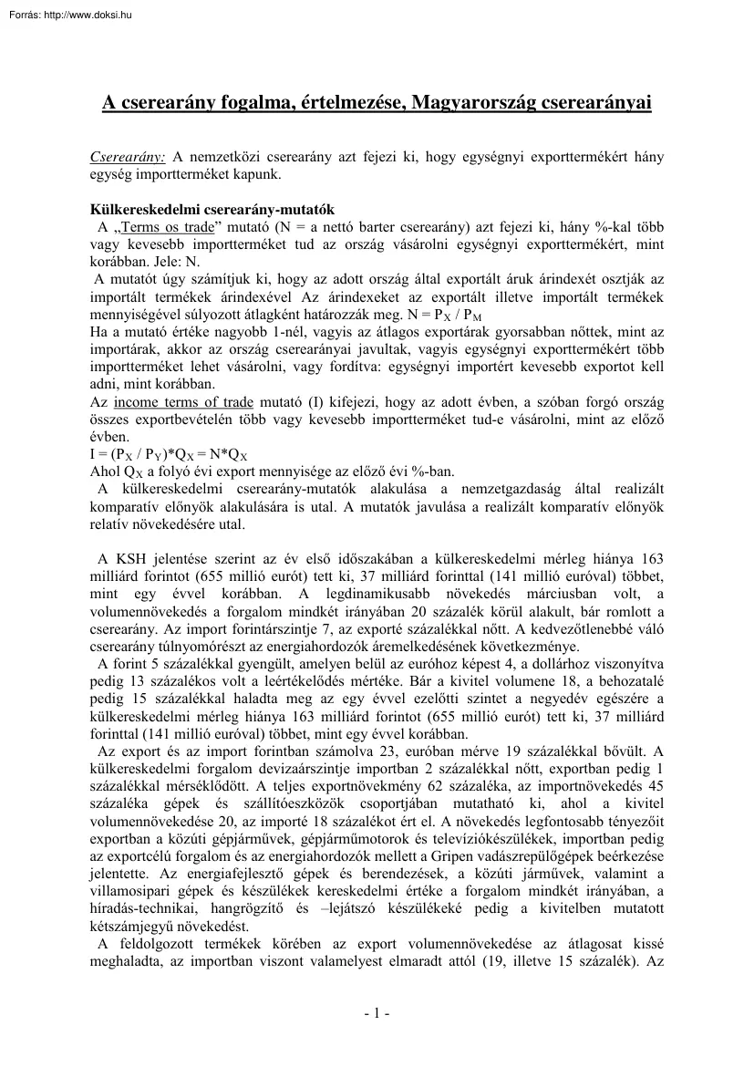 A cserearány fogalma, értelmezése, Magyarország cserearányai