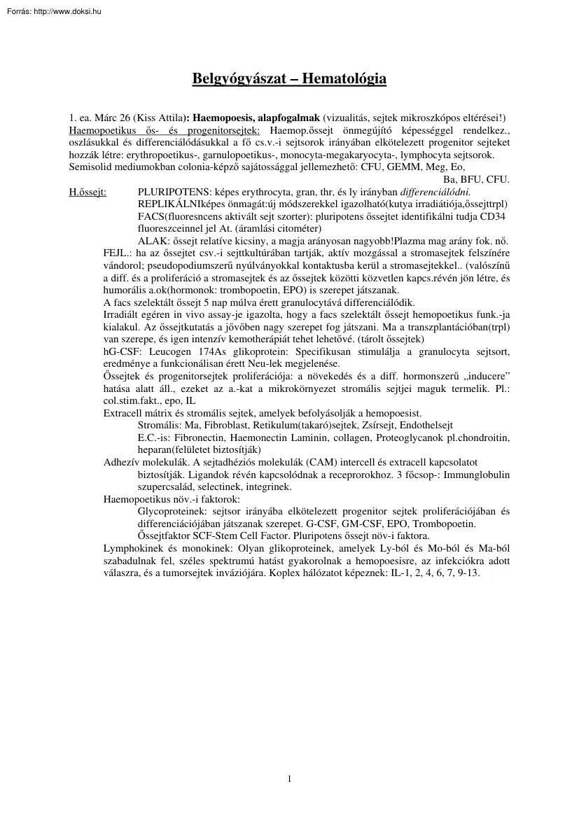 Belgyógyászat, Hematológia