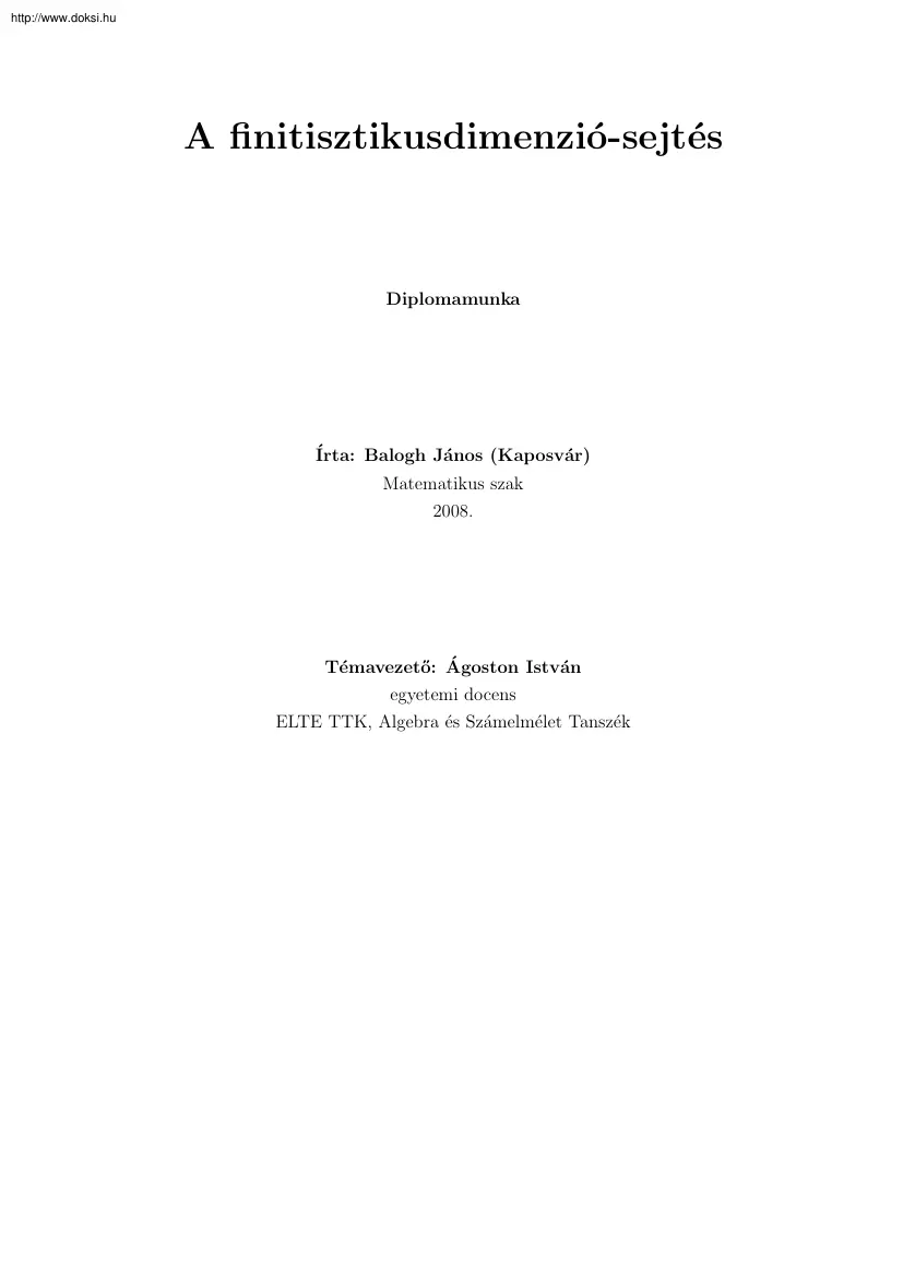 Balogh János - A finitisztikusdimenzió sejtés, diplomamunka