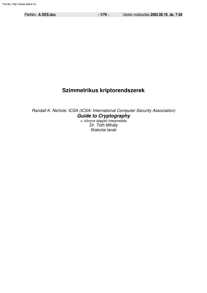 Dr. Tóth Mihály - Szimmetrikus kriptorendszerek