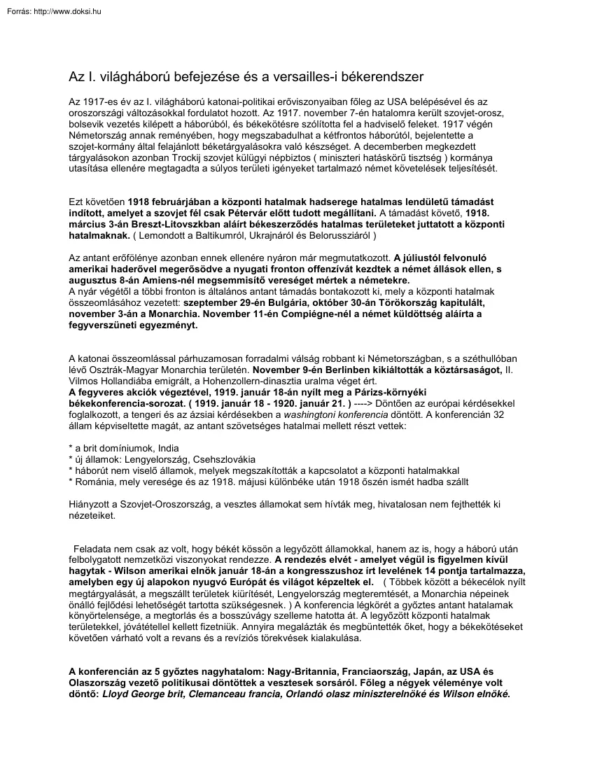 Az I. világháború befejezése és a versailles-i békerendszer