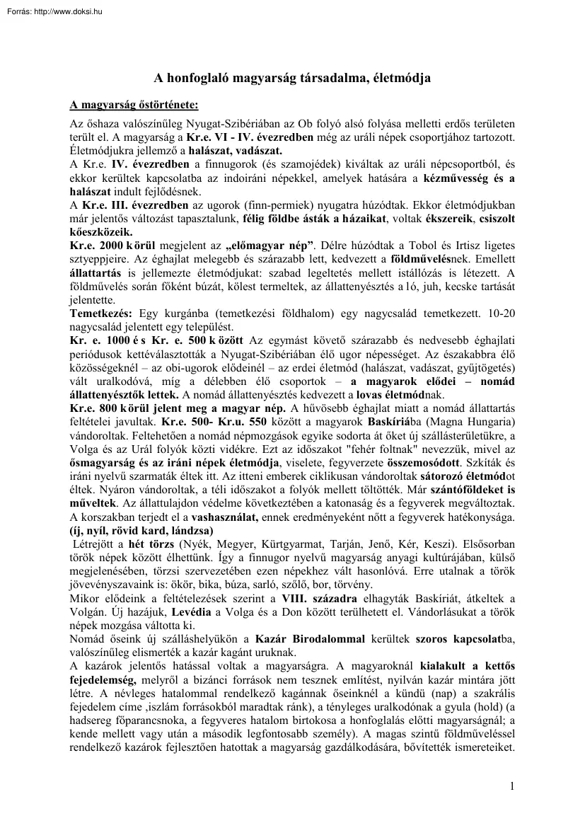 A honfoglaló magyarság társadalma, életmódja