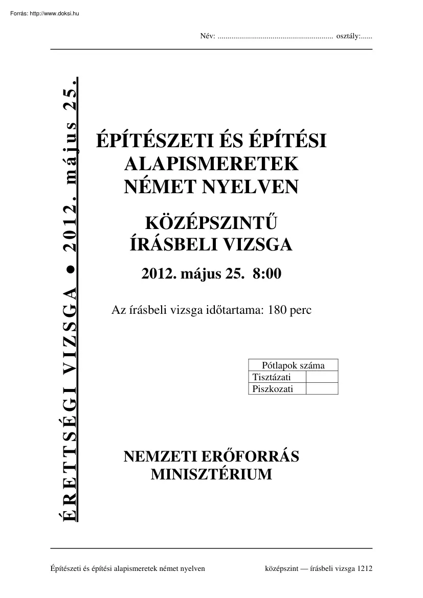 Építészeti és építési alapismeretek német nyelven középszintű írásbeli érettségi