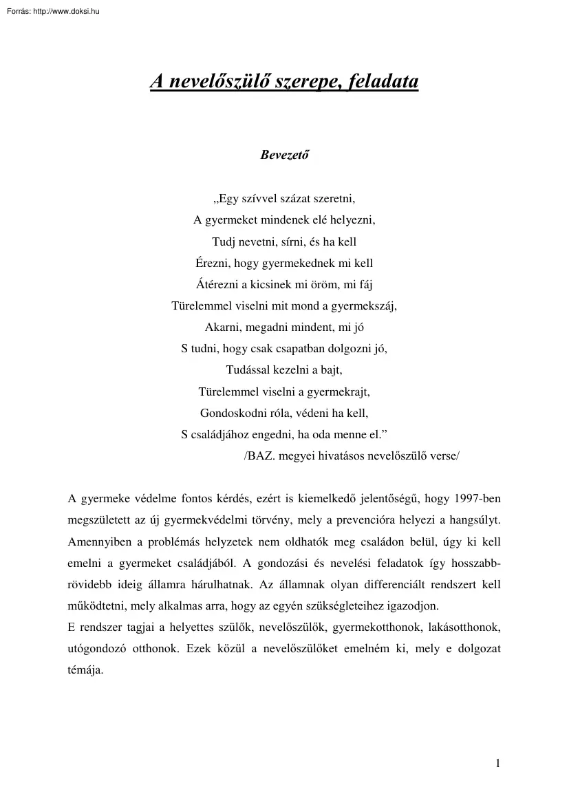 A nevelőszülő szerepe, feladata