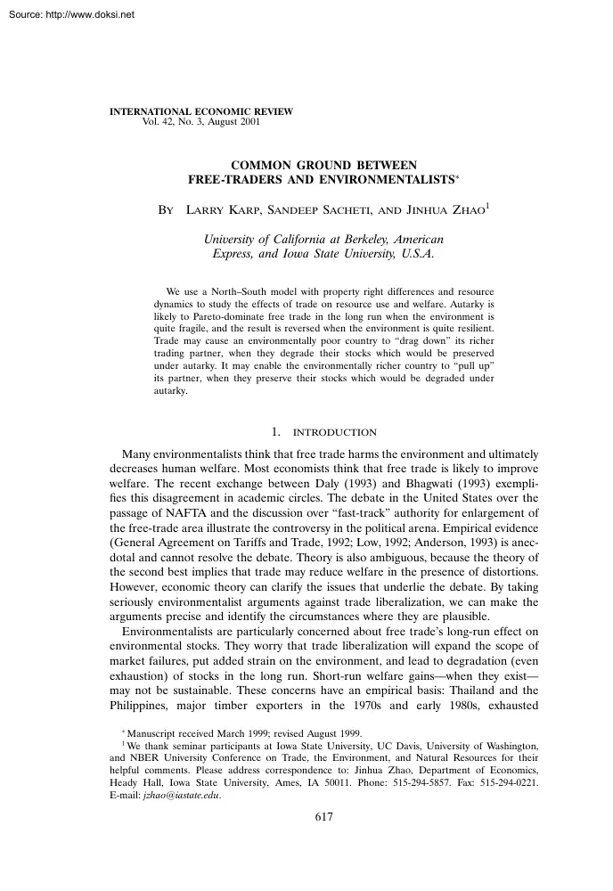 Karp-Sacheti-Zhao - Common Ground Between Free Traders and Environmentalism