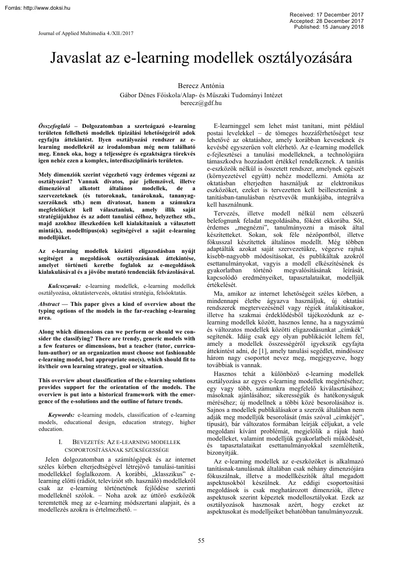 Berecz Antónia - Javaslat az e-learning modellek osztályozására