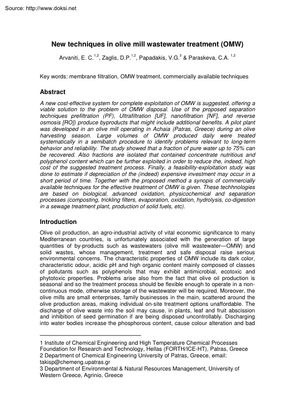 Arvaniti-Zaglis-Papadakis - New Techniques in Olive Mill Wastewater Treatment