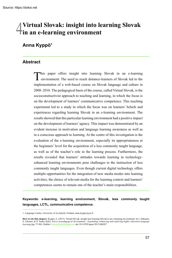 Anna Kyppö - Virtual Slovak, insight into learning Slovak in an e-learning environment