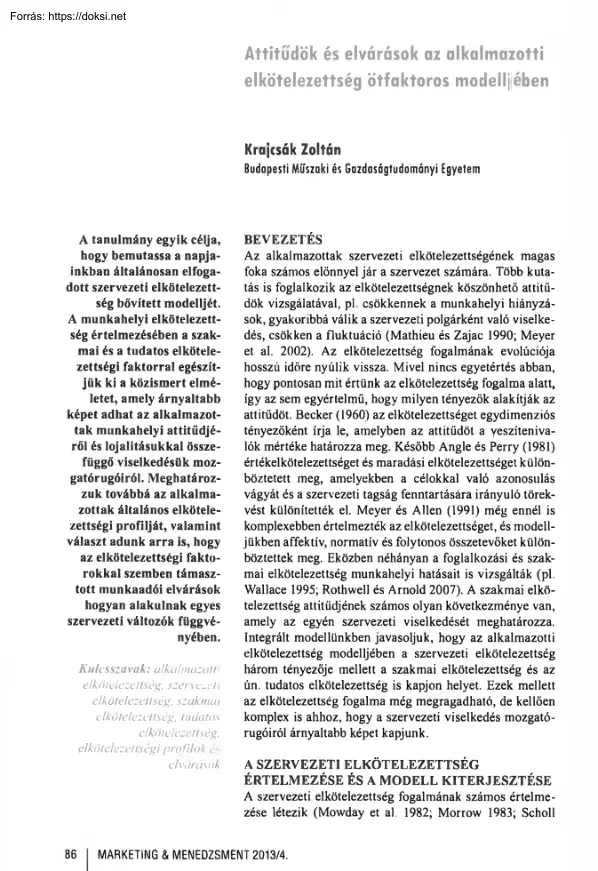 Krajcsák Zoltán - Attitűdök és elvárások az alkalmazotti elkötelezettség ötfaktoros