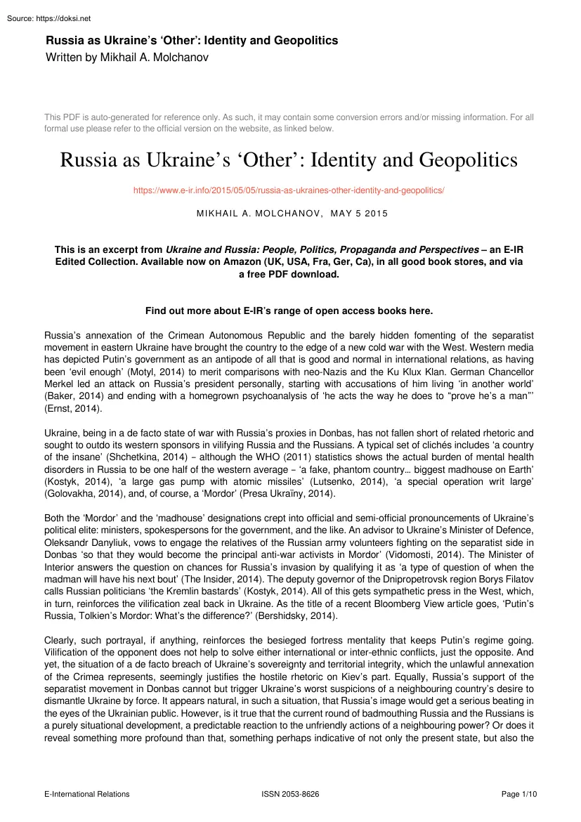 Mikhail A. Molchanov - Russia as Ukraines Other, Identity and Geopolitics