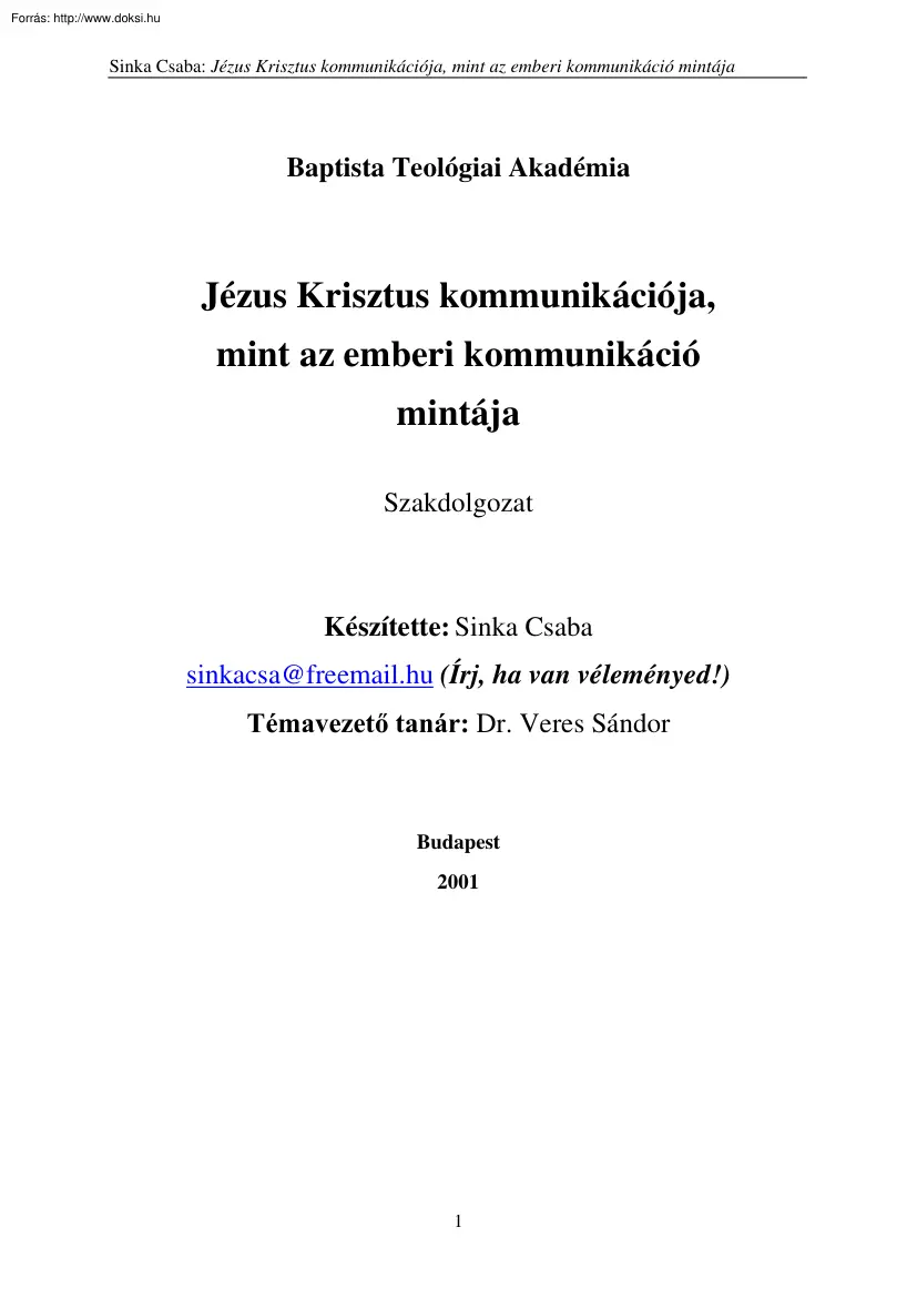 Sinka Csaba - Jézus Krisztus kommunikációja, mint az emberi kommunikáció mintája
