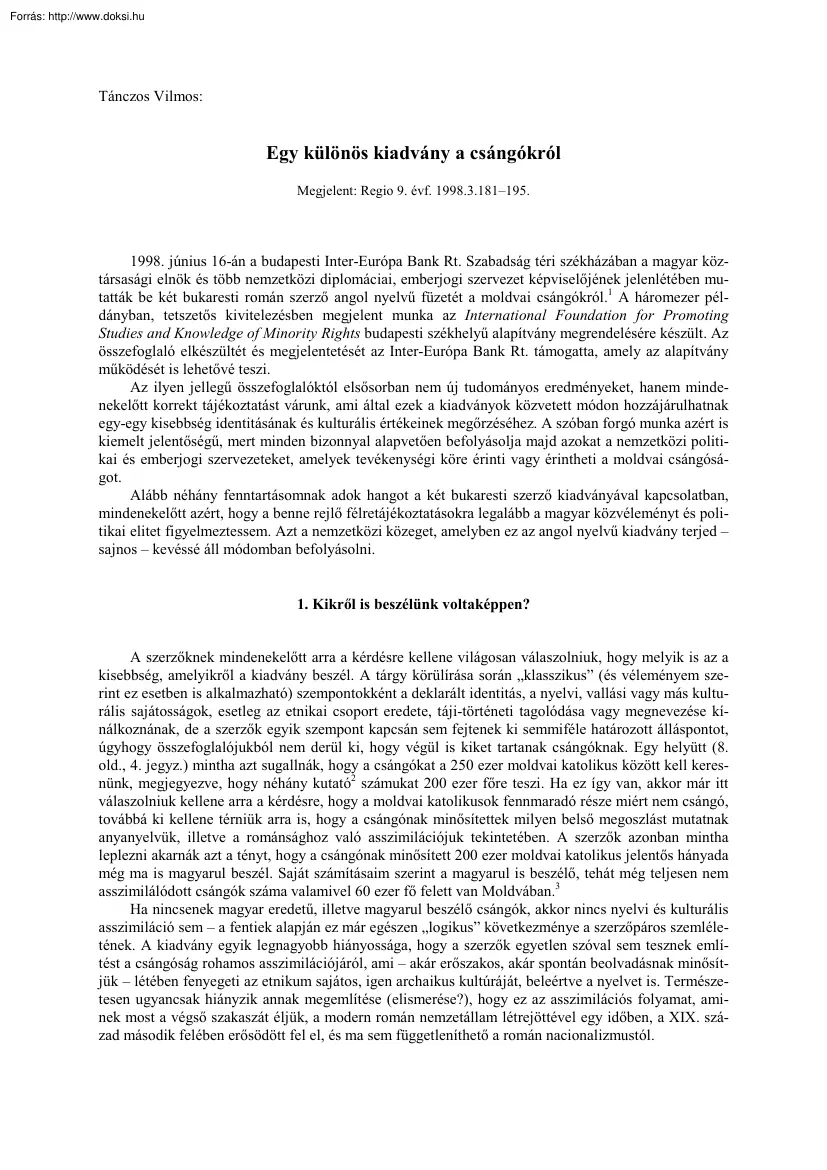 Tánczos Vilmos - Egy különös kiadvány a csángókról