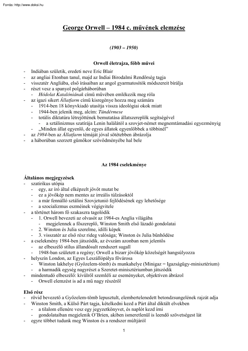George Orwell - 1984 c. művének elemzése