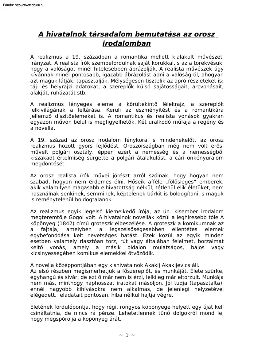 A hivatalnok társadalom bemutatása az orosz irodalomban