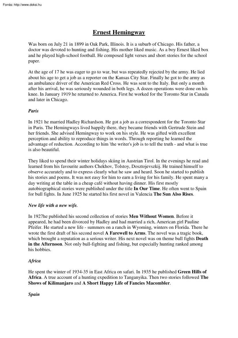 Ernest Hemingway in English