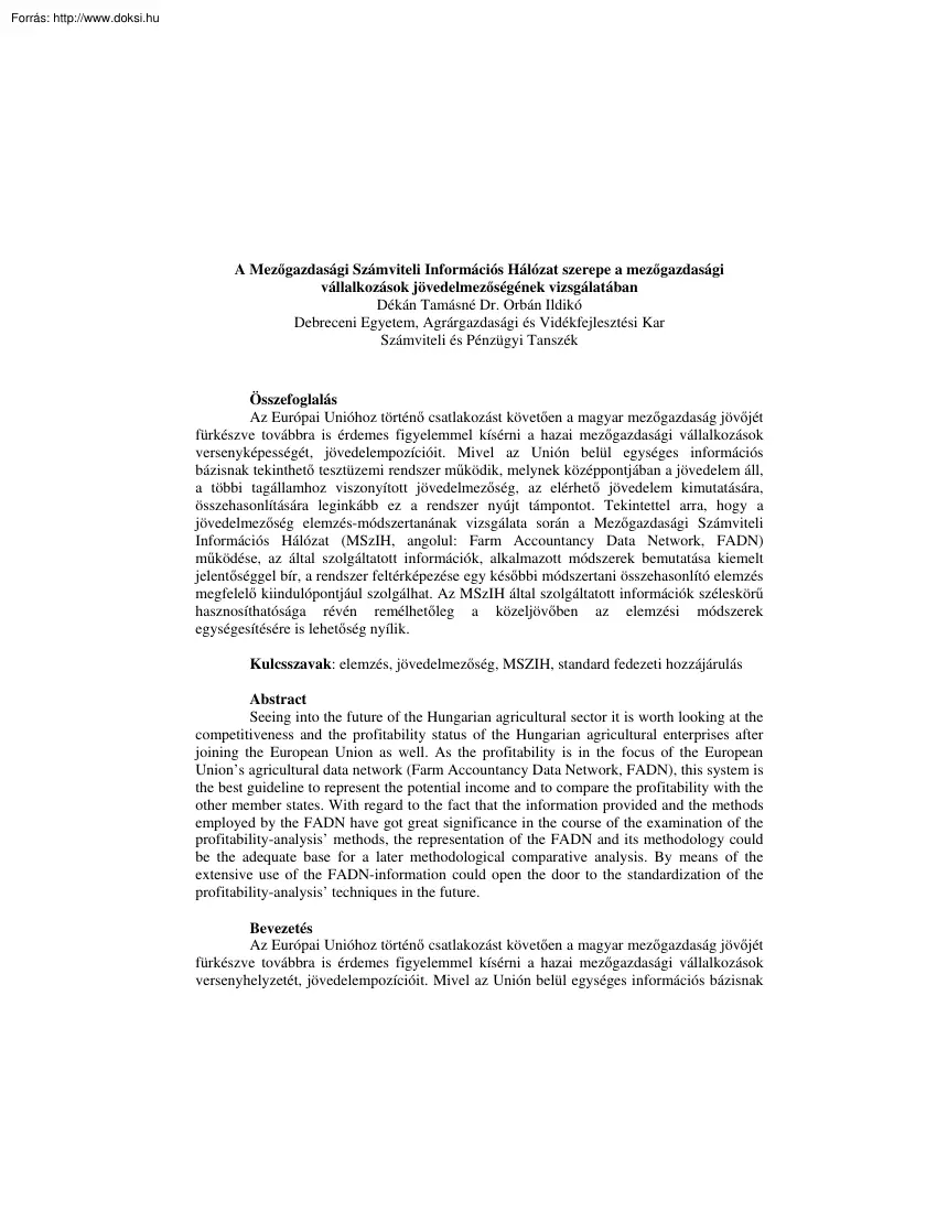 Dékán Tamásné - A mezőgazdasági számvitel információs hálózat szerepe a mezőgazdasági
