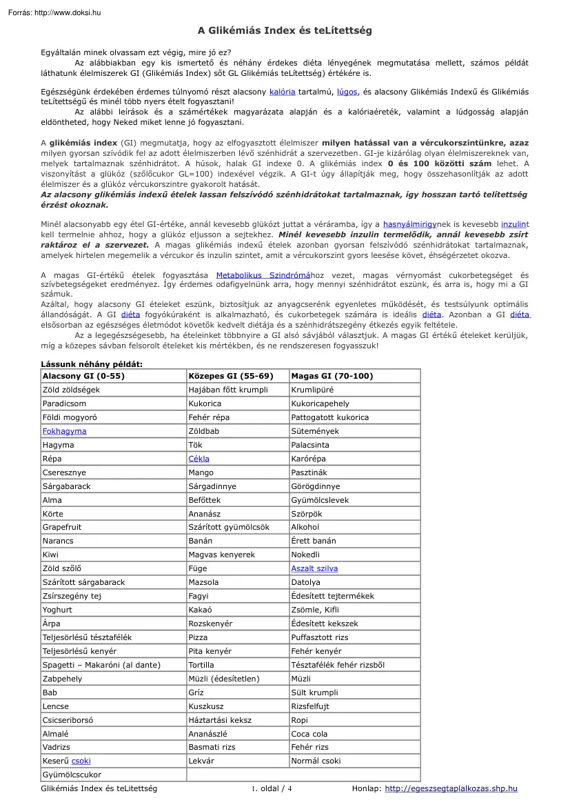 A glikémiás index és telítettség