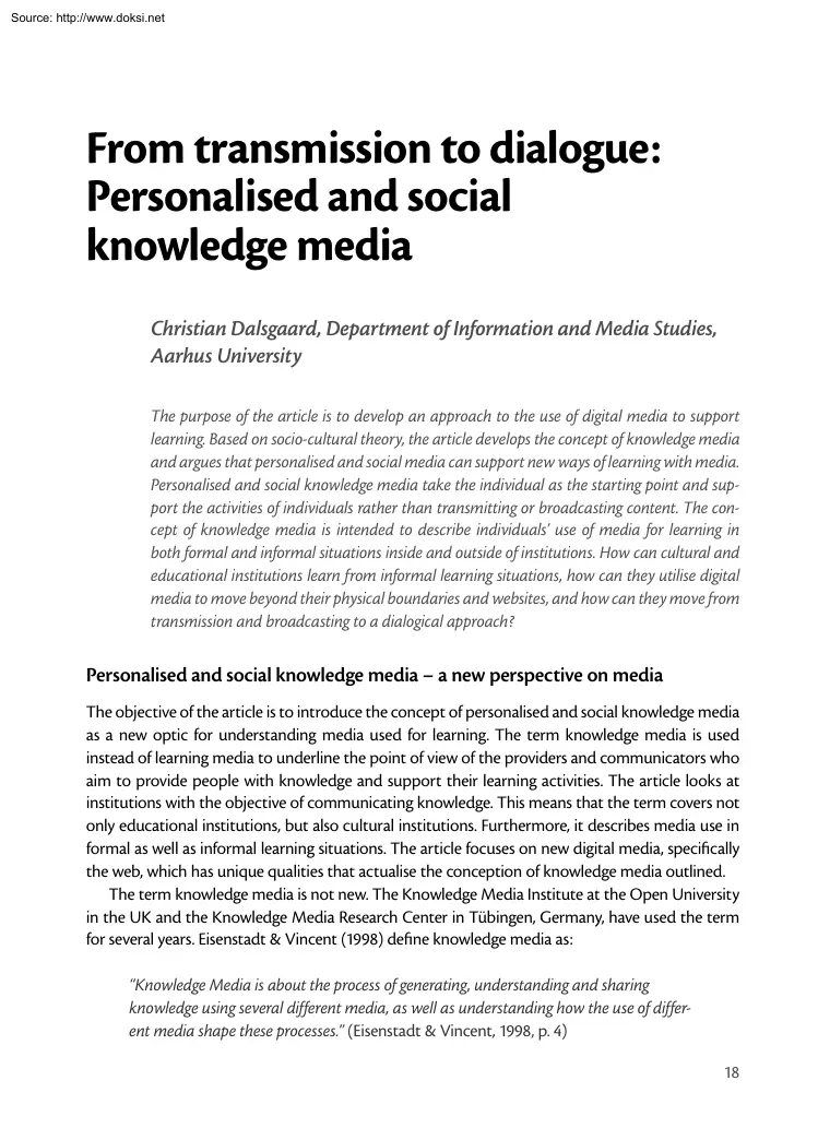 From Transmission to Dialogue, Personalised and Social Knowledge Media