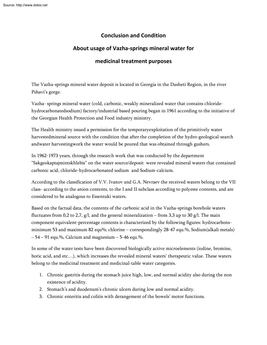 About Usage of Vazha-springs Mineral Water for Medicinal Treatment Purposes