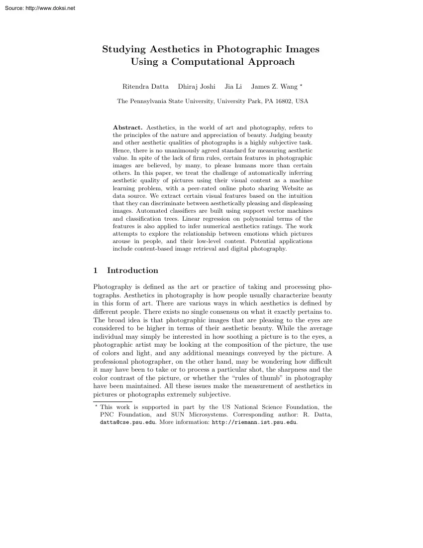 Datta-Joshi-Li - Studying Aesthetics in Photographic Images Using a Computational Approach