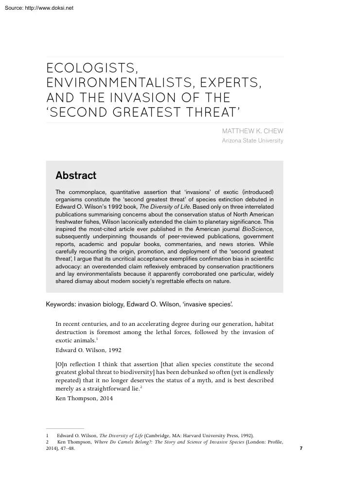 Matthew K. Chew - Ecologists, Environmentalists, Experts, and the Invasion of the Second Greatest