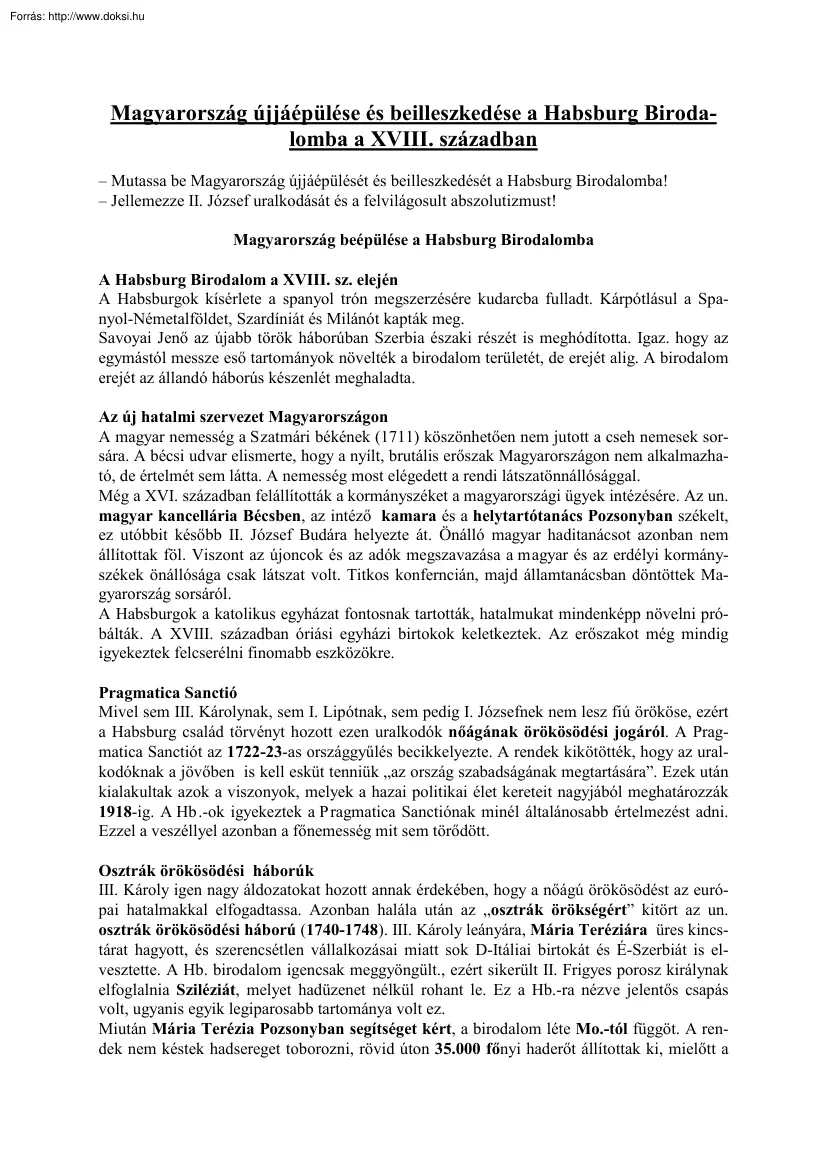 Magyarország újjáépülése és beilleszkedése a Habsburg Birodalomba a XVIII. században