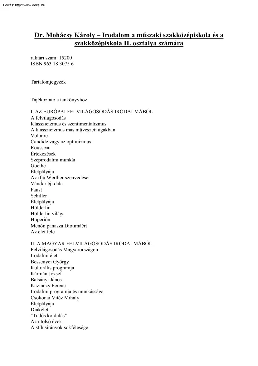 Dr. Mohácsy Károly - Irodalom a műszaki szakközépiskola és a szakközépiskola II. osztálya