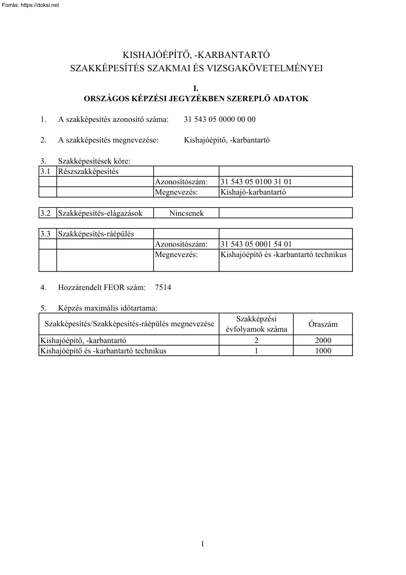 Kishajóépítő, -karbantartó szakképesítés szakmai és vizsgakövetelményei