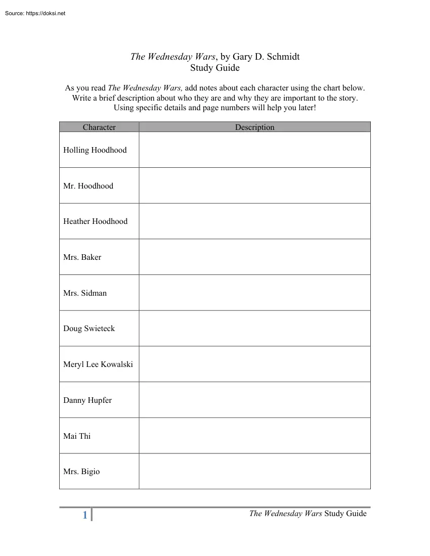 Gary D. Schmidt - The Wednesday Wars, Study Guide