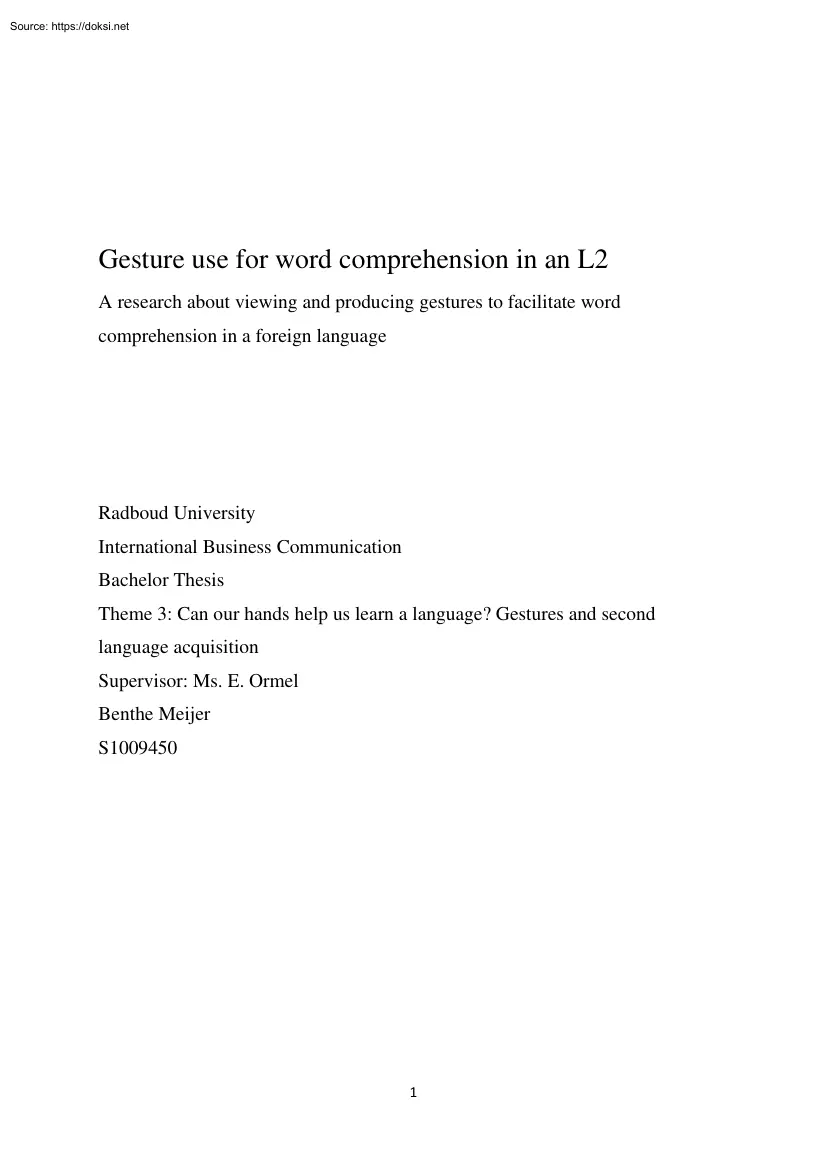 Benthe Meijer - Gesture use for word comprehension in an L2, A research about viewing and producing