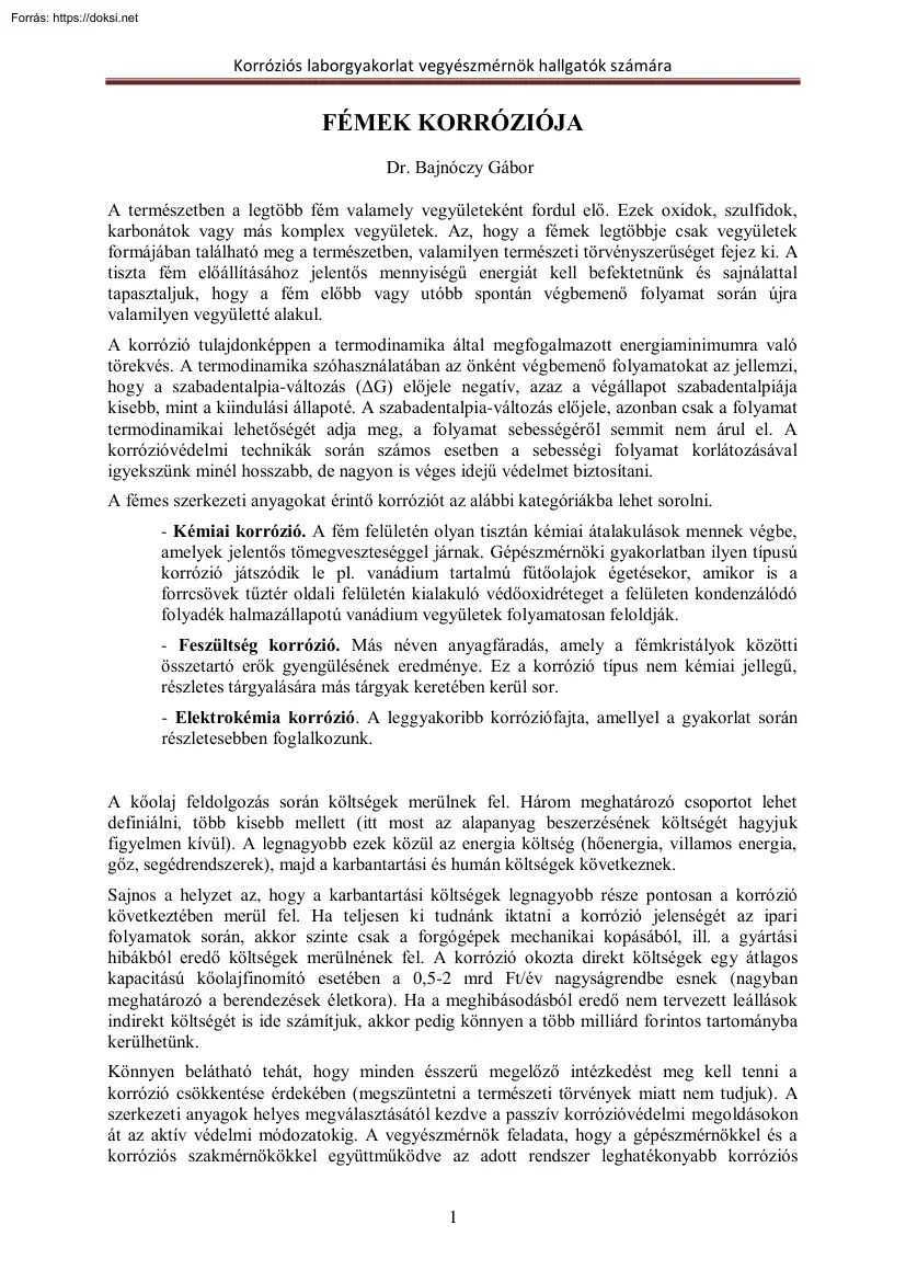 Dr. Bajnóczy Gábor - Fémek korróziója