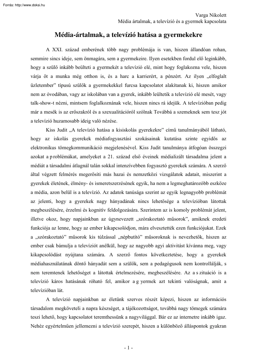 Varga Nikolett - Média-ártalmak, a televízió hatása a gyermekekre