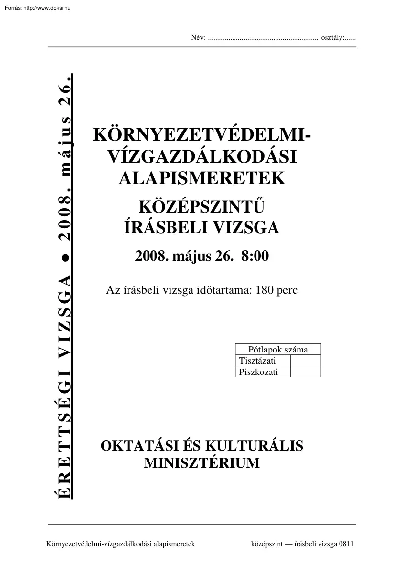 Környezetvédelmi-vízgazdálkodási alapismertek középszintű írásbeli érettségi vizsga