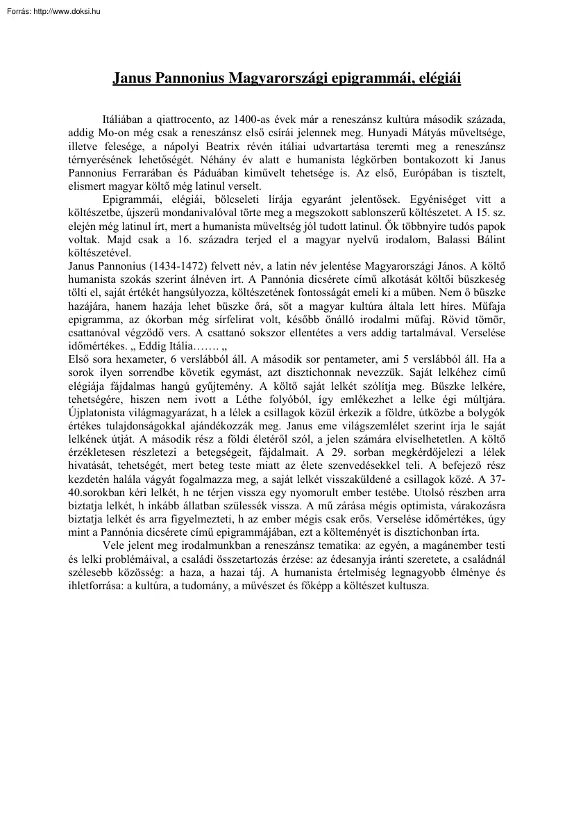 Janus Pannonius magyarországi epigrammái, elégiái