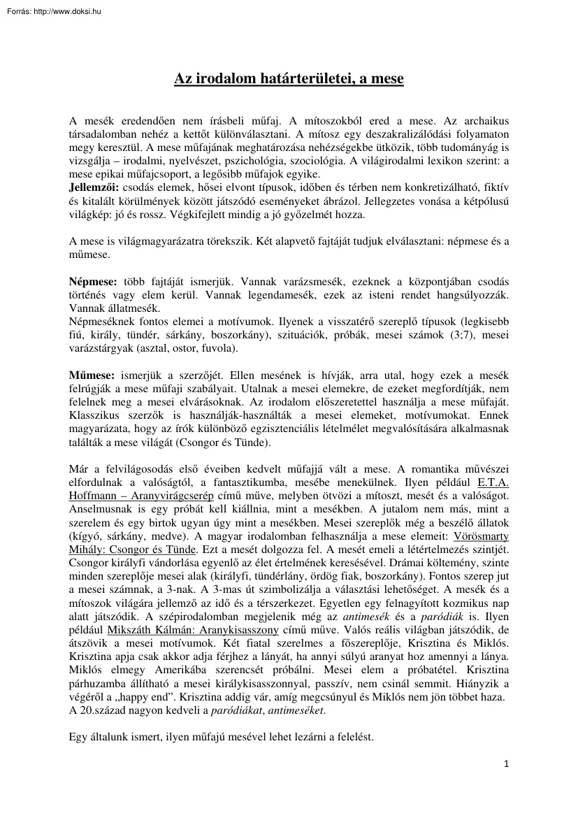 Az irodalom határterületei, a mese