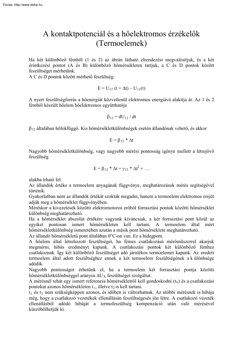 A kontaktpotenciál és a hőelektromos érzékelők, termoelemek