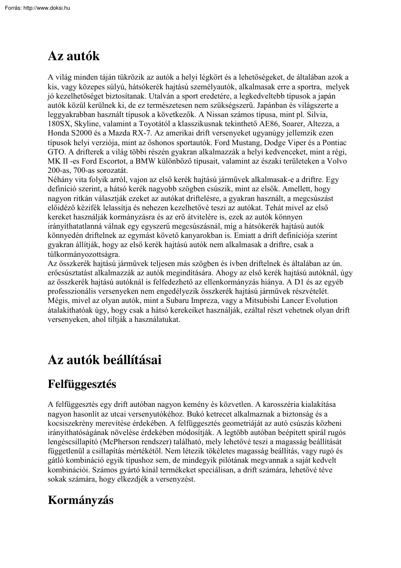 Az autók beállításai