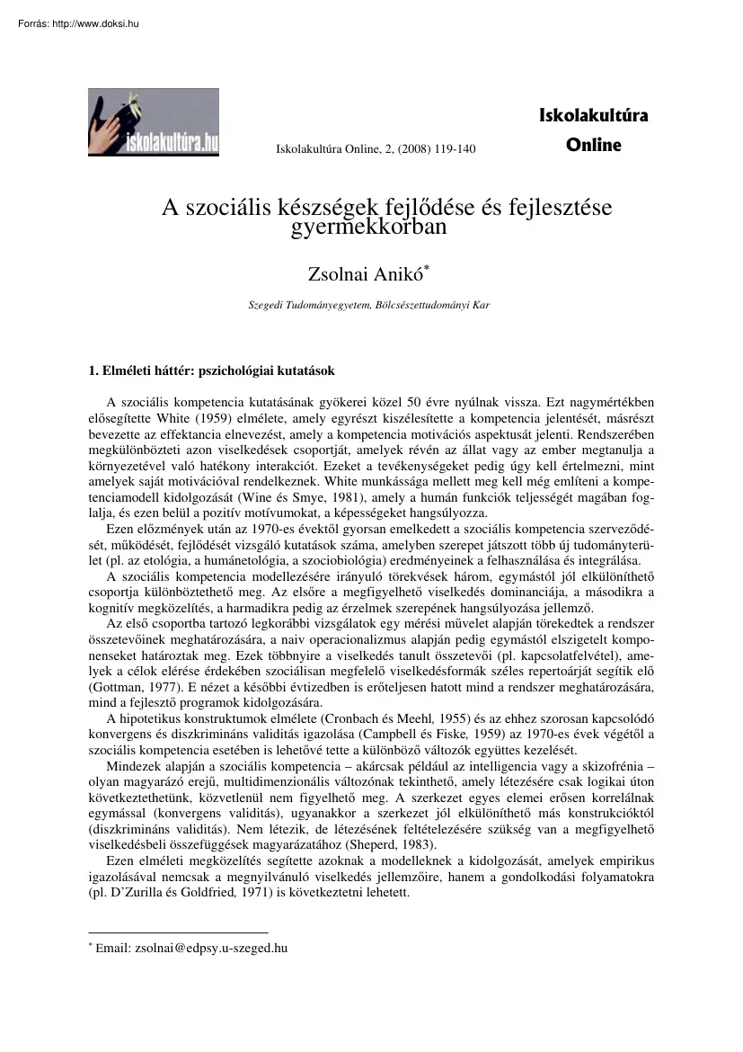 Zsolnai Anikó - A szociális készségek fejlődése és fejlesztése gyermekkorban