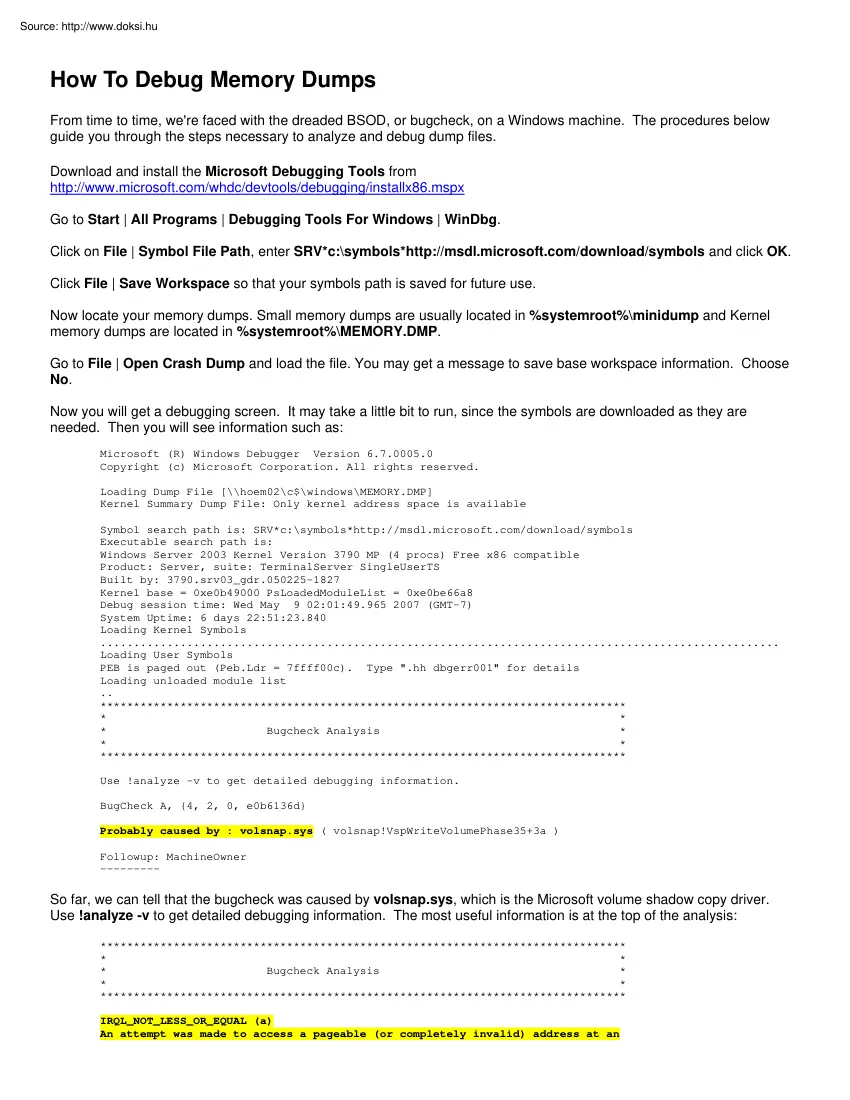 How to debug memory dumps