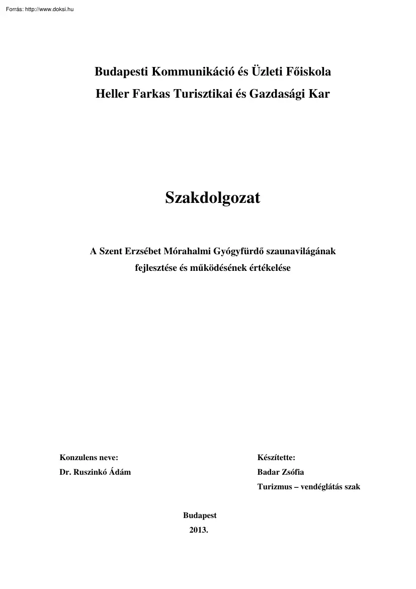 Badar Zsófia - A Szent Erzsébet Mórahalmi Gyógyfürdő szaunavilágának fejlesztése és