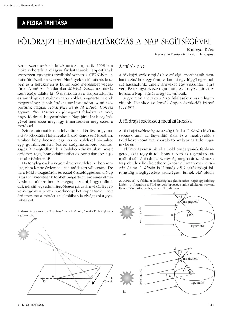 Baranyai Klára - Földrajzi helymeghatározás a Nap segítségével