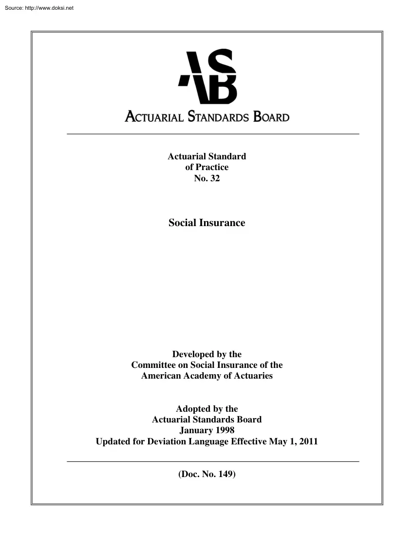 Actuarial Standard of Practice No. 32, Social Insurance