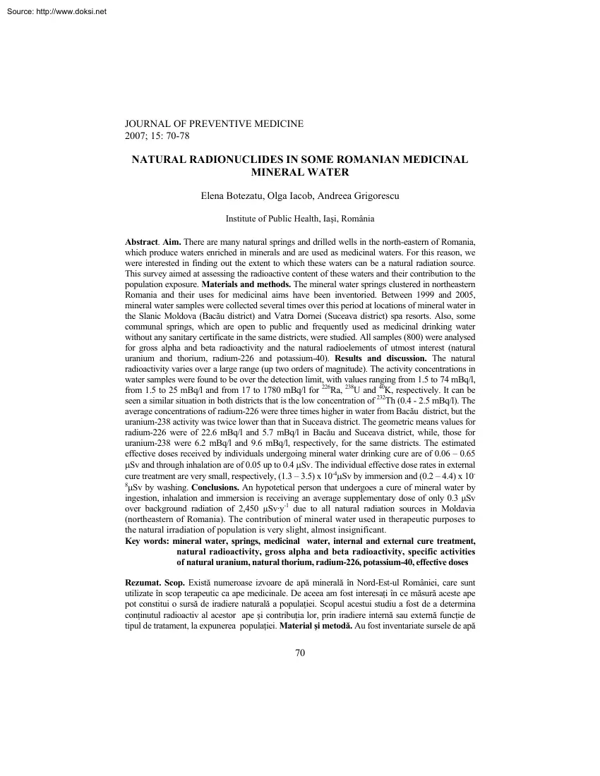 Botezatu-Iacob-Grigorescu - Natural Radionuclides in some Romanian Medicinal Mineral Water