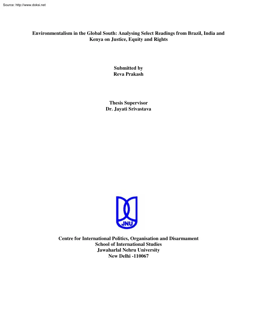 Reva Prakash - Environmentalism in the Global South, Analysing Select Readings from Brazil, India